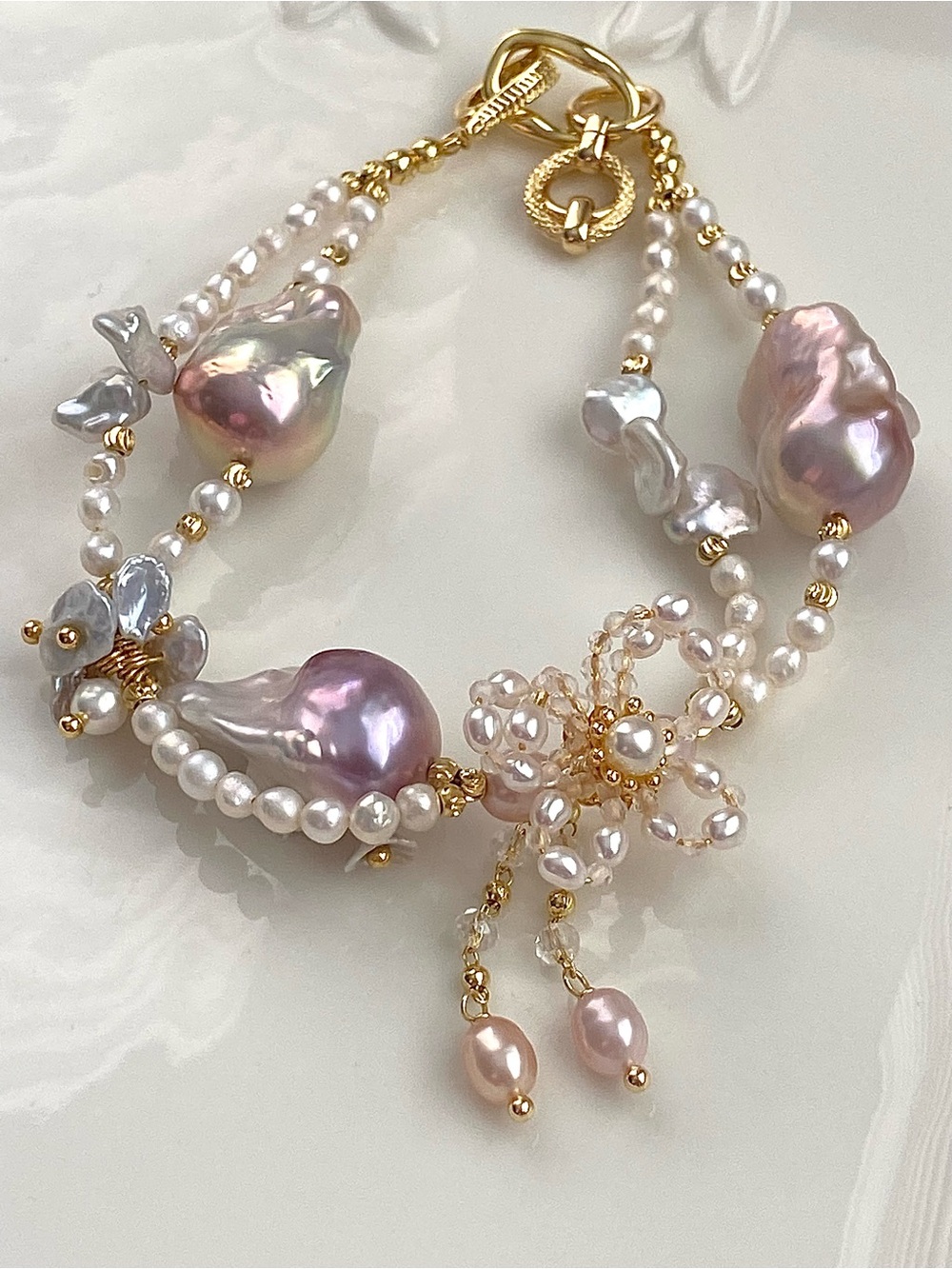 B186-Sakura Pink Flameball Pearl,Baby And Keshi Pearl Braided Butterfly Bracelet